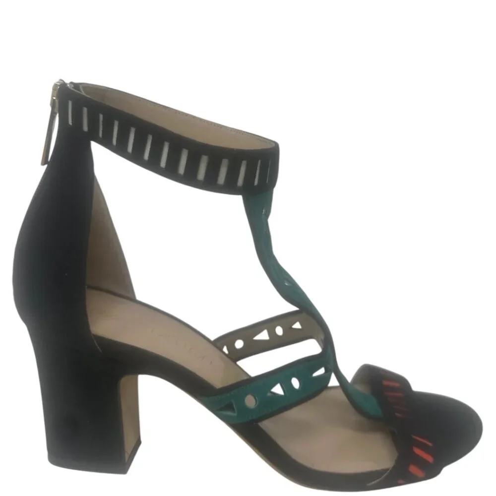 Tamara Mellon Black Suede Green Red White Laser Cut Straps Open Toe Heels Size 9